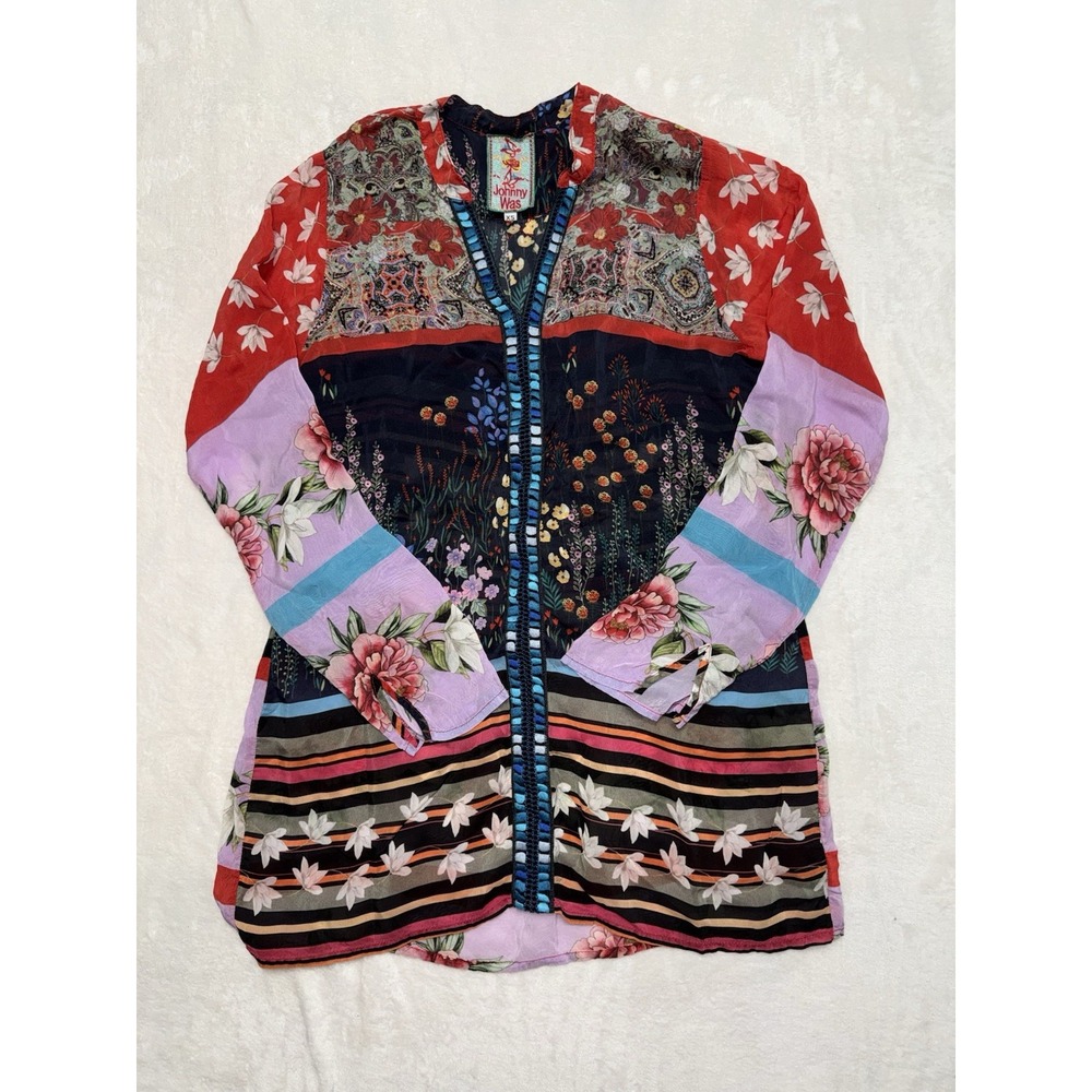 Johnny Was Boho Mixed Floral Patch Print V Neck Blouse Size Xs